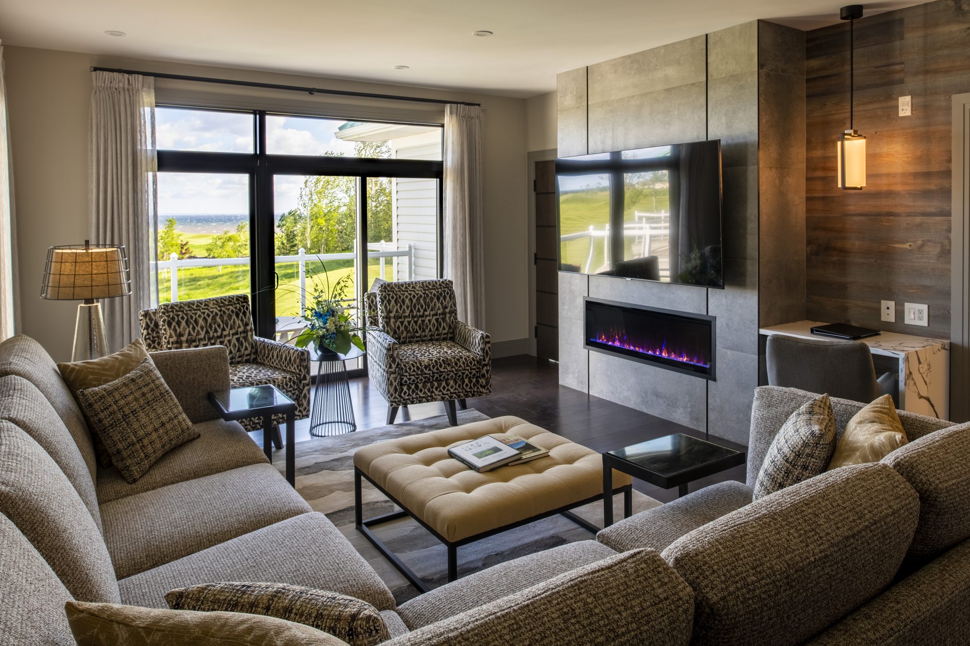 Fox Harb'r Resort — luxury suite living room with fireplace and ocean view